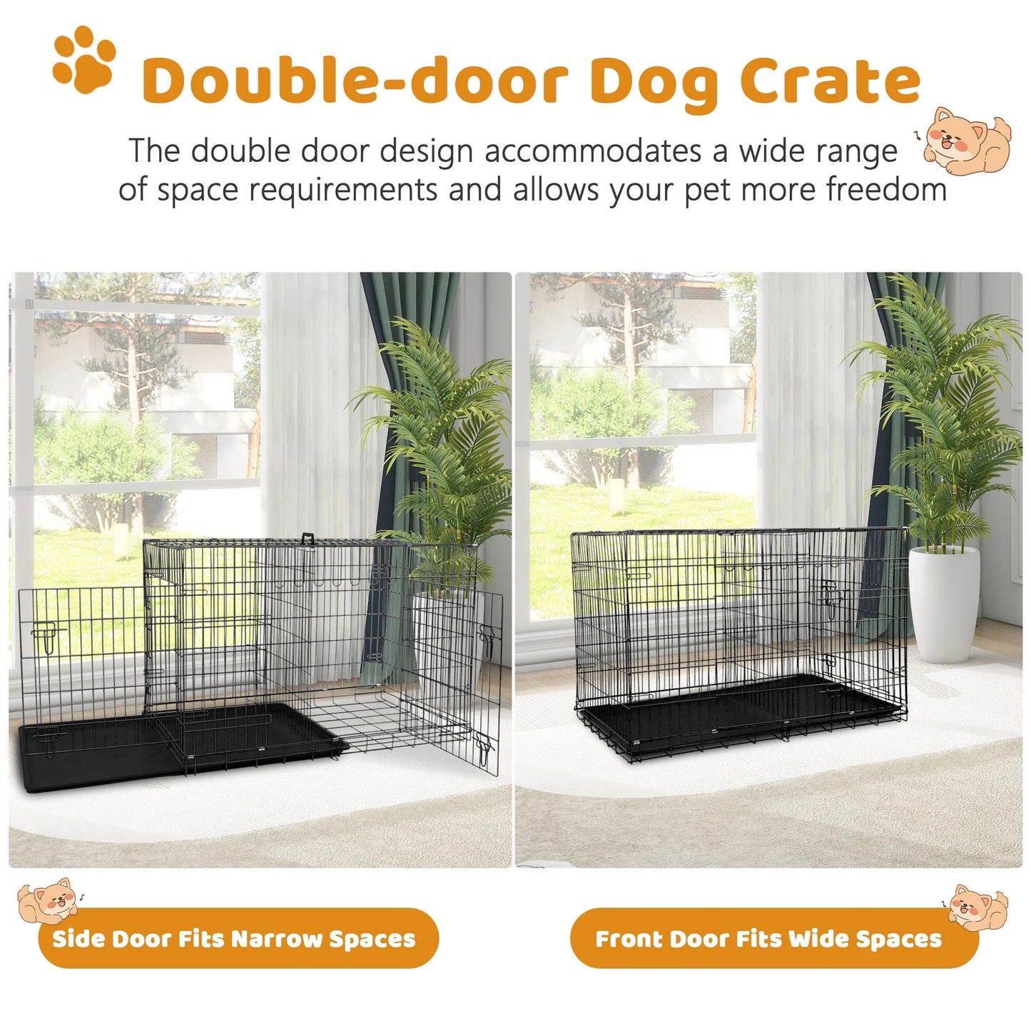 Large 48 Inch Foldable Dog Crate with Double Doors and Handle - Heavy Duty Metal Wire Kennel for Big Dogs, Includes Plastic Tray, Ideal for Outdoor Use, Black