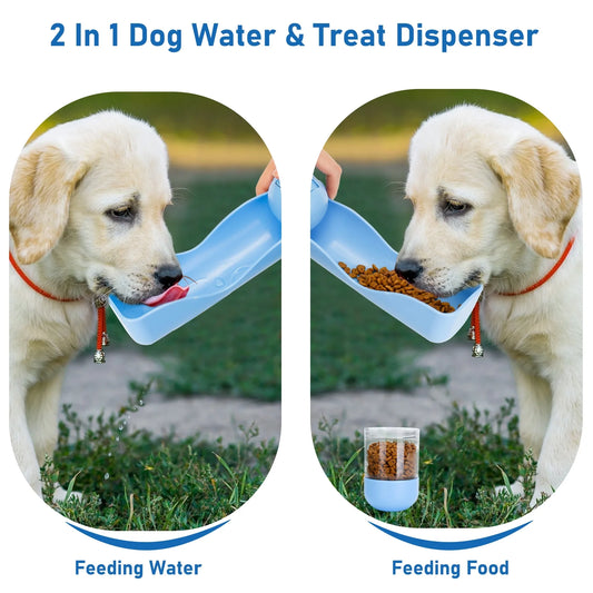 Portable 2-in-1 Dog Water Bottle & Food Dispenser - Leak Proof Travel Solution with Shovel & Garbage Bags for Dogs & Cats