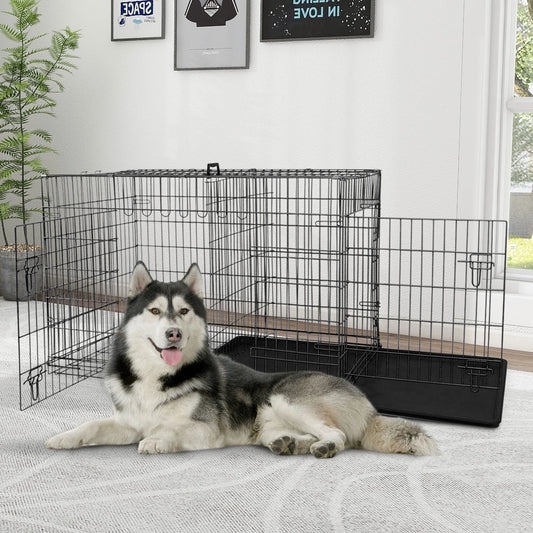 Large 48 Inch Foldable Dog Crate with Double Doors and Handle - Heavy Duty Metal Wire Kennel for Big Dogs, Includes Plastic Tray, Ideal for Outdoor Use, Black