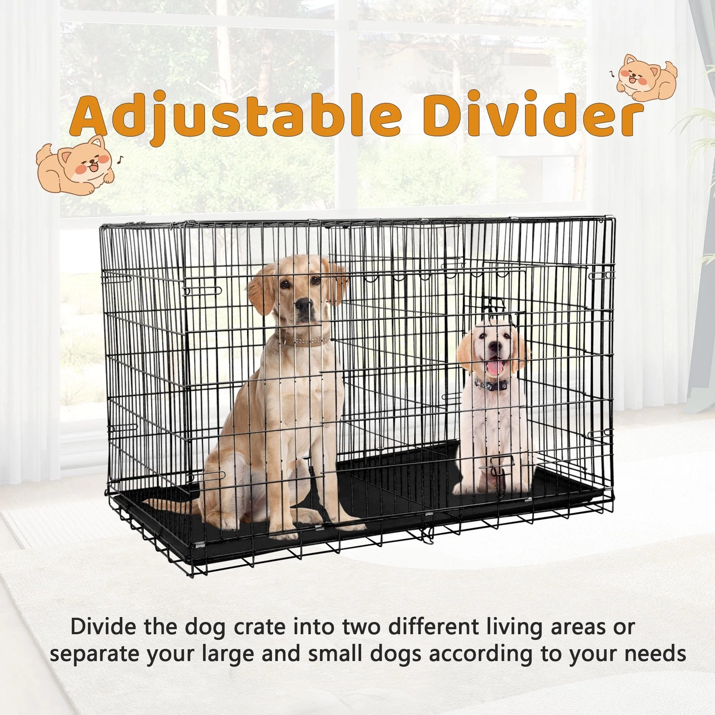 Large 48 Inch Foldable Dog Crate with Double Doors and Handle - Heavy Duty Metal Wire Kennel for Big Dogs, Includes Plastic Tray, Ideal for Outdoor Use, Black