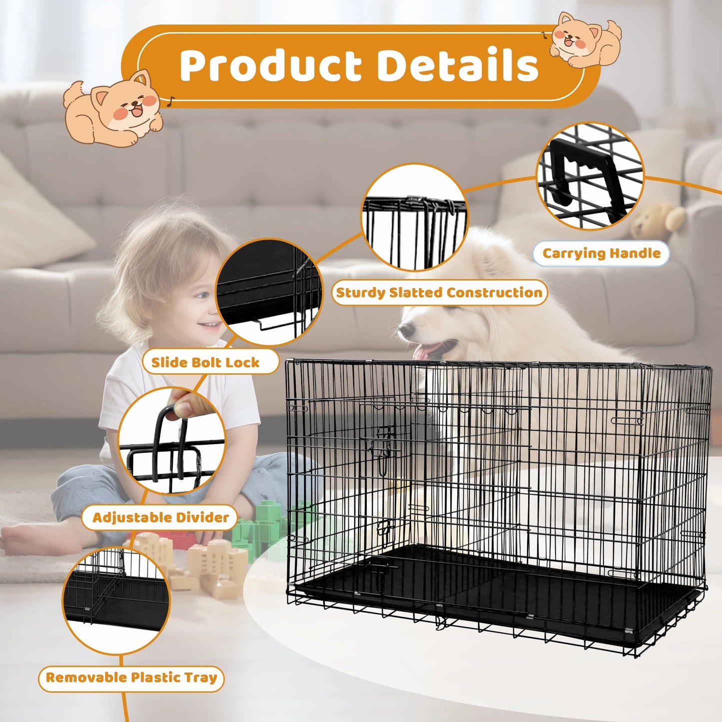 Large 48 Inch Foldable Dog Crate with Double Doors and Handle - Heavy Duty Metal Wire Kennel for Big Dogs, Includes Plastic Tray, Ideal for Outdoor Use, Black