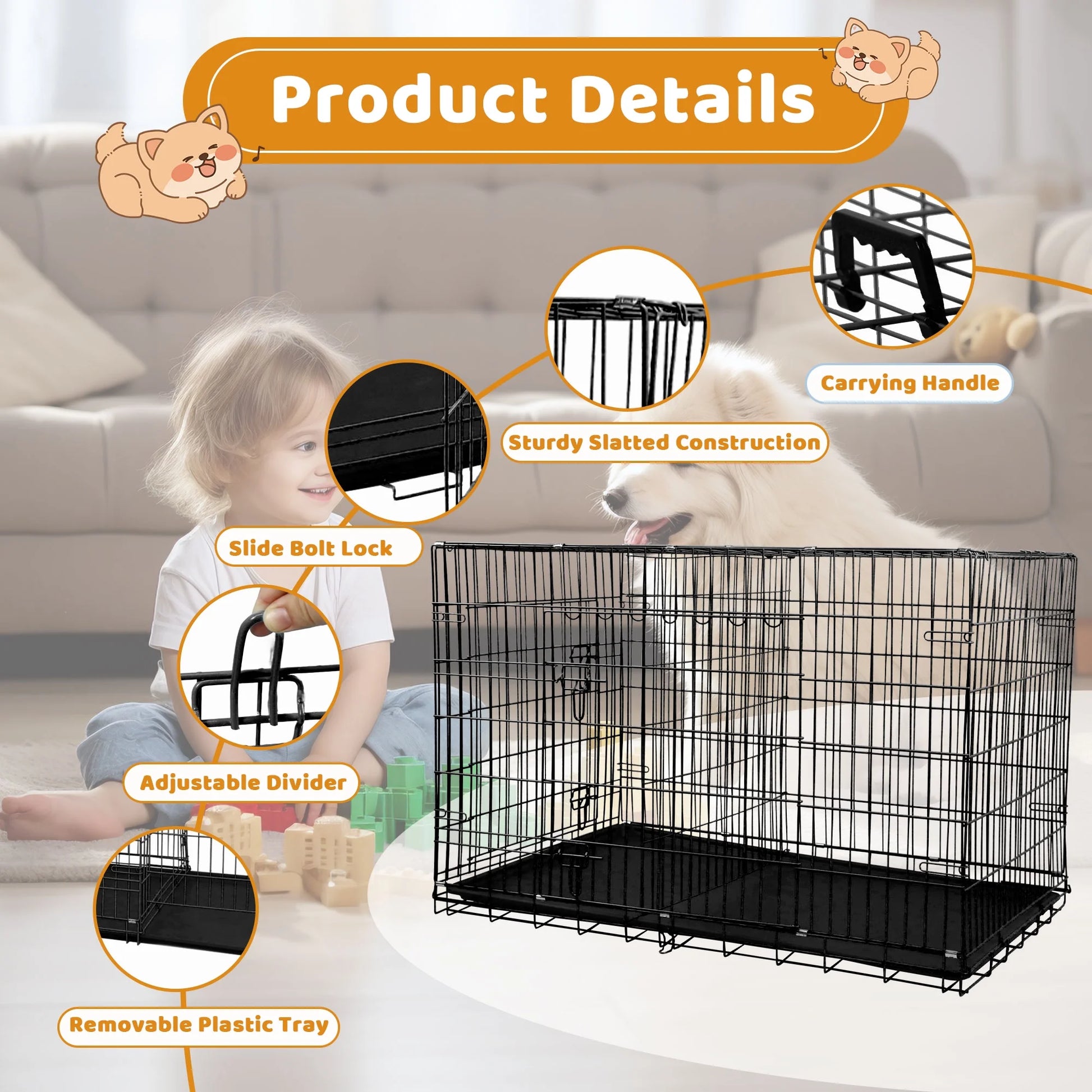 Large 48 Inch Foldable Dog Crate with Double Doors and Handle - Heavy Duty Metal Wire Kennel for Big Dogs, Includes Plastic Tray, Ideal for Outdoor Use, Black