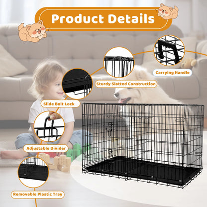 Large 48 Inch Foldable Dog Crate with Double Doors and Handle - Heavy Duty Metal Wire Kennel for Big Dogs, Includes Plastic Tray, Ideal for Outdoor Use, Black