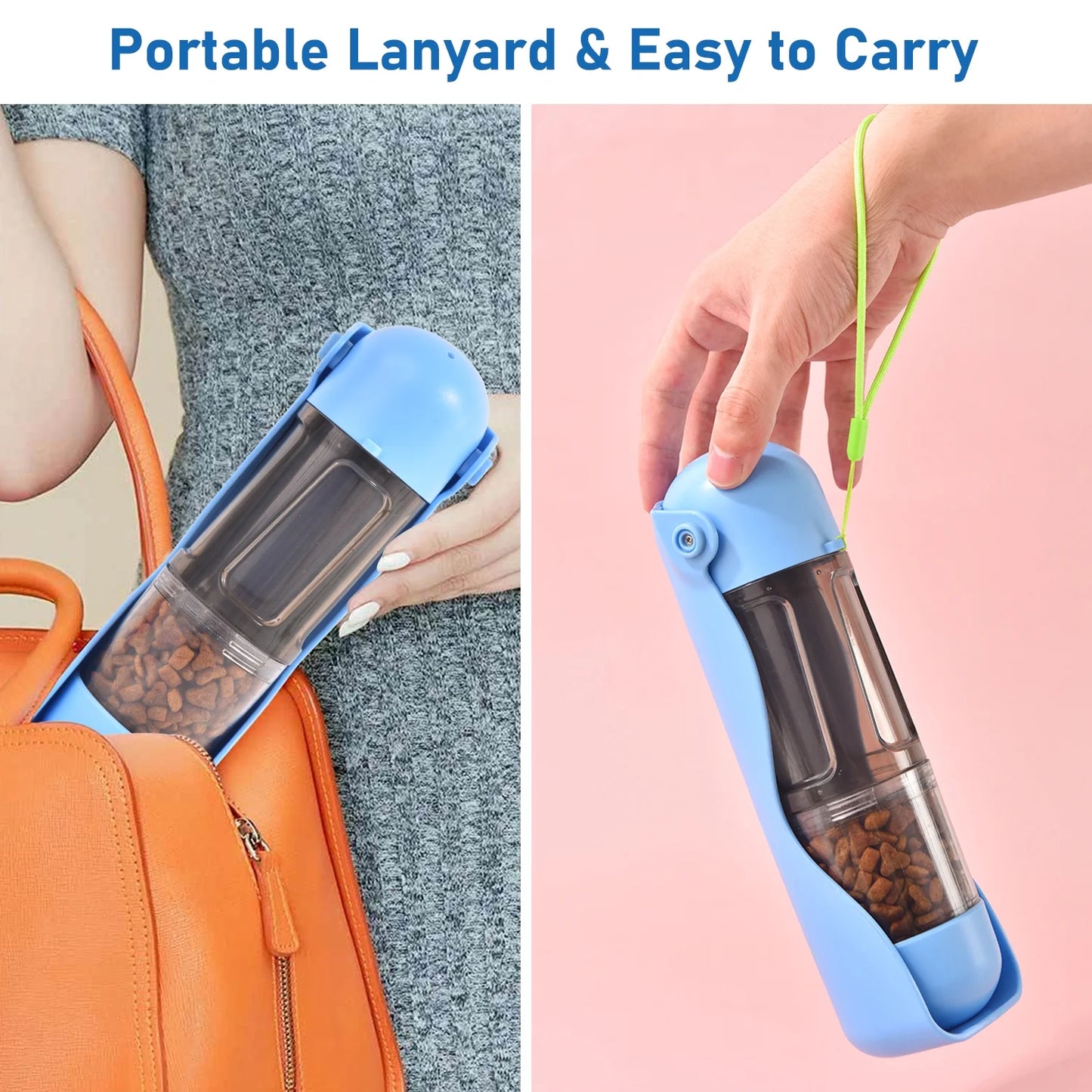 Portable 2-in-1 Dog Water Bottle & Food Dispenser - Leak Proof Travel Solution with Shovel & Garbage Bags for Dogs & Cats