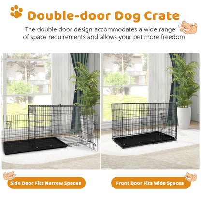 Large 48 Inch Foldable Dog Crate with Double Doors and Handle - Heavy Duty Metal Wire Kennel for Big Dogs, Includes Plastic Tray, Ideal for Outdoor Use, Black