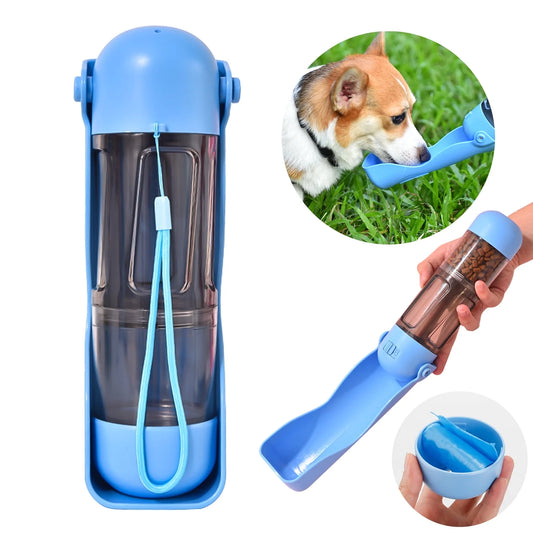 Portable 2-in-1 Dog Water Bottle & Food Dispenser - Leak Proof Travel Solution with Shovel & Garbage Bags for Dogs & Cats