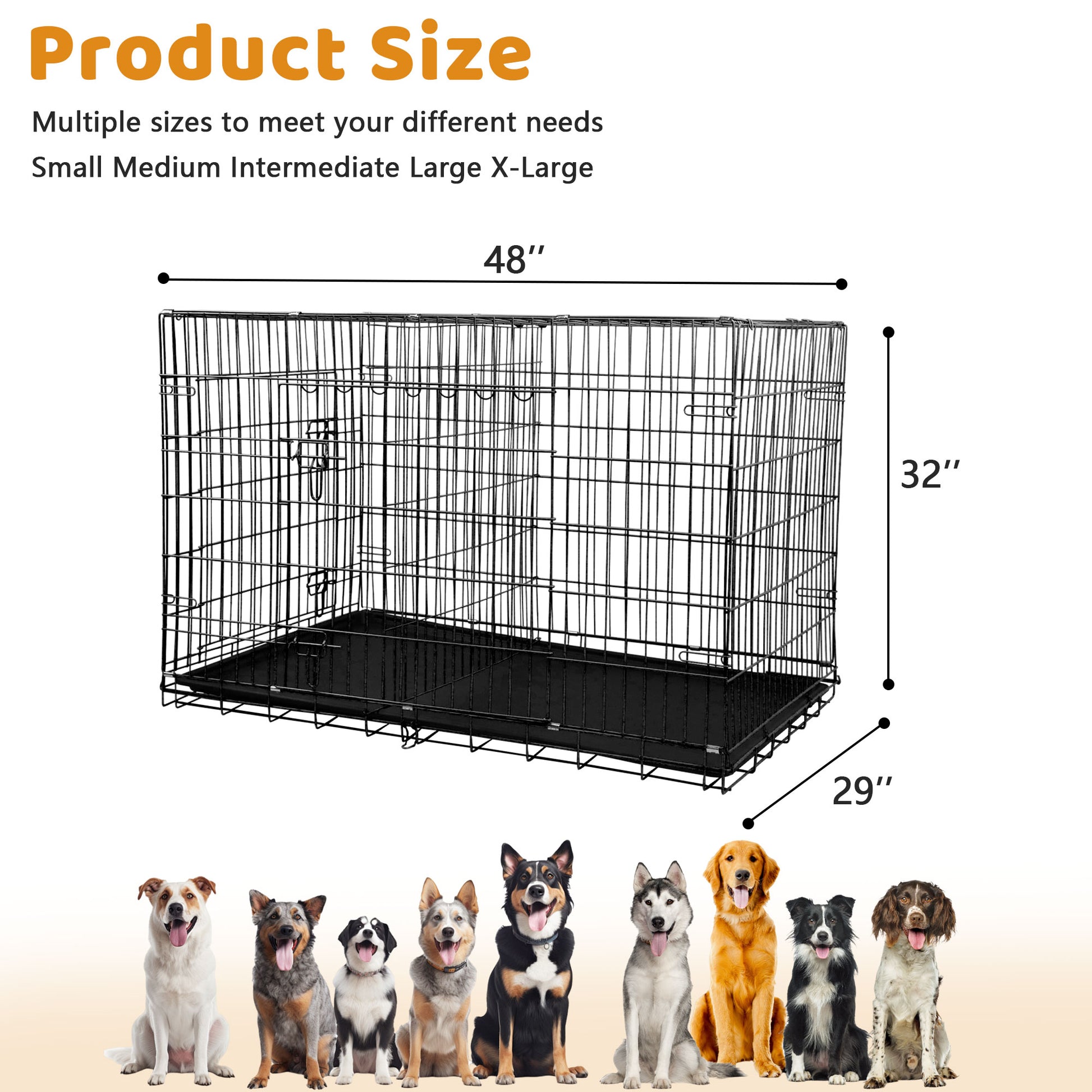Large 48 Inch Foldable Dog Crate with Double Doors and Handle - Heavy Duty Metal Wire Kennel for Big Dogs, Includes Plastic Tray, Ideal for Outdoor Use, Black