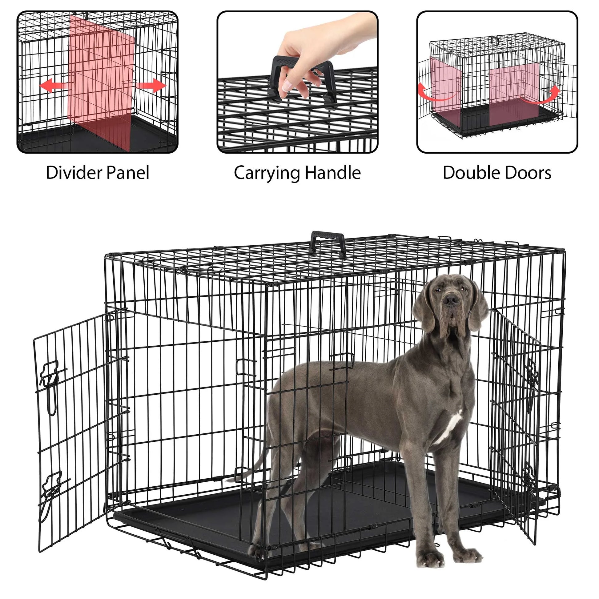 Large 48 Inch Foldable Dog Crate with Double Doors and Handle - Heavy Duty Metal Wire Kennel for Big Dogs, Includes Plastic Tray, Ideal for Outdoor Use, Black