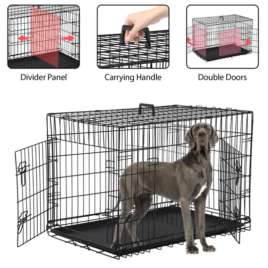 Large 48 Inch Foldable Dog Crate with Double Doors and Handle - Heavy Duty Metal Wire Kennel for Big Dogs, Includes Plastic Tray, Ideal for Outdoor Use, Black
