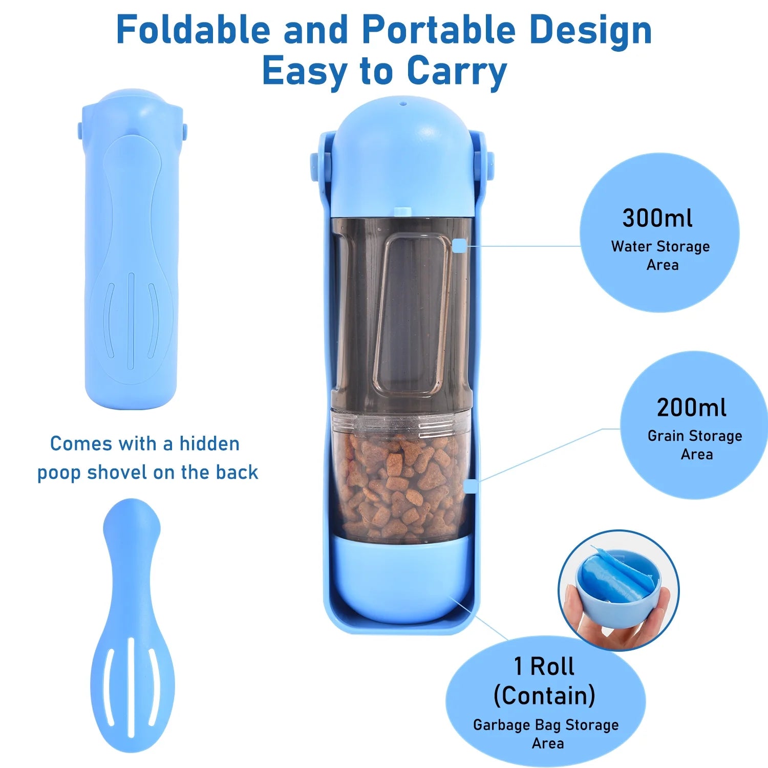 Portable 2-in-1 Dog Water Bottle & Food Dispenser - Leak Proof Travel Solution with Shovel & Garbage Bags for Dogs & Cats
